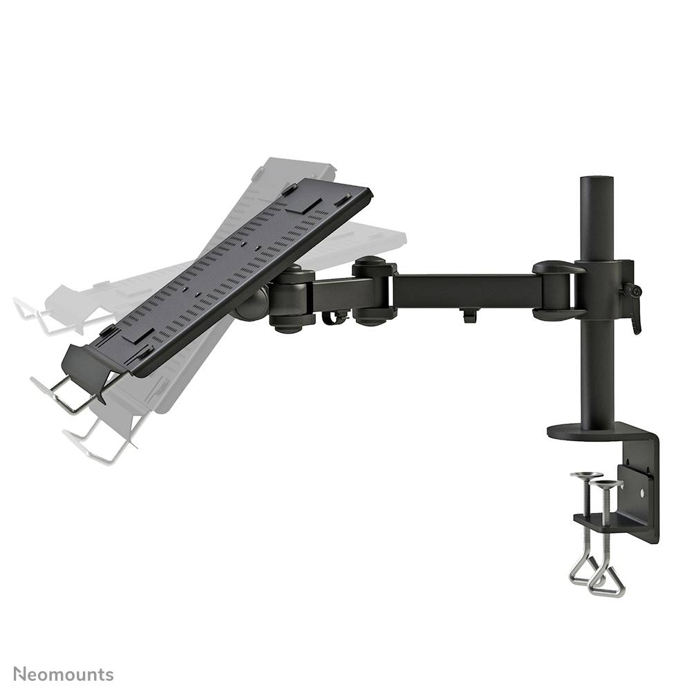 Laptop mount for attaching to a desk. The mount is adjustable and offers various tilt angles.