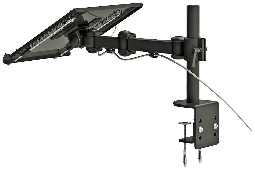 An adjustable screen mount with a clamp system, attached to a desk edge. Suitable for monitors and flexible positioning.