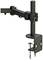 Black monitor mount with a clamp for attaching to a desk. The mount has an adjustable arm and a mounting plate.
