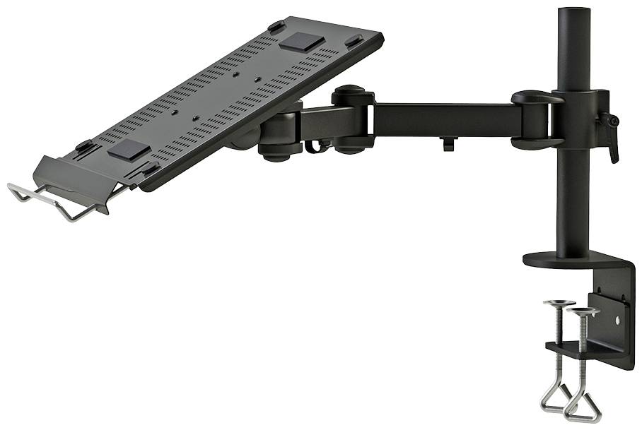 Black adjustable laptop stand with desk clamp, suitable for ergonomically positioning a laptop on a desk.