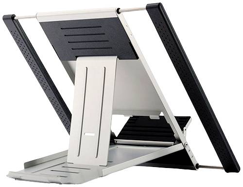 An adjustable laptop stand in black and silver, designed to improve laptop ergonomics and cooling.