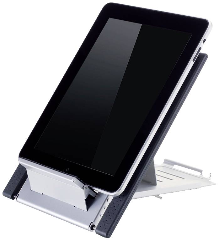 A tablet stands vertically on an adjustable metallic stand. The screen is switched off. The stand has ventilation slots.