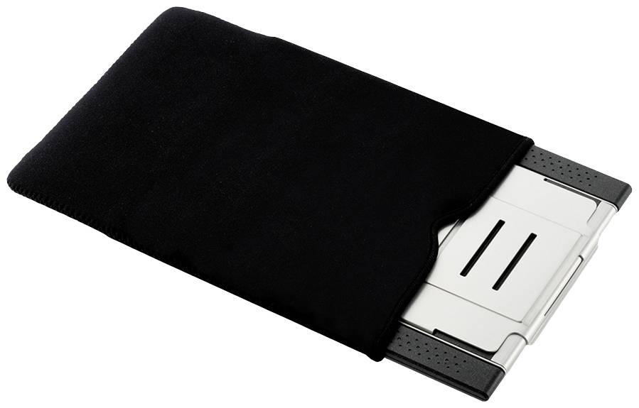 A black protective cover with a partially visible silver metallic object inserted within it, possibly a cassette or similar device.