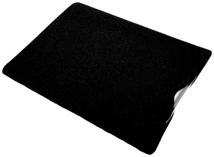 A rectangular, black-coloured carpet with slightly rounded corners on a white surface.