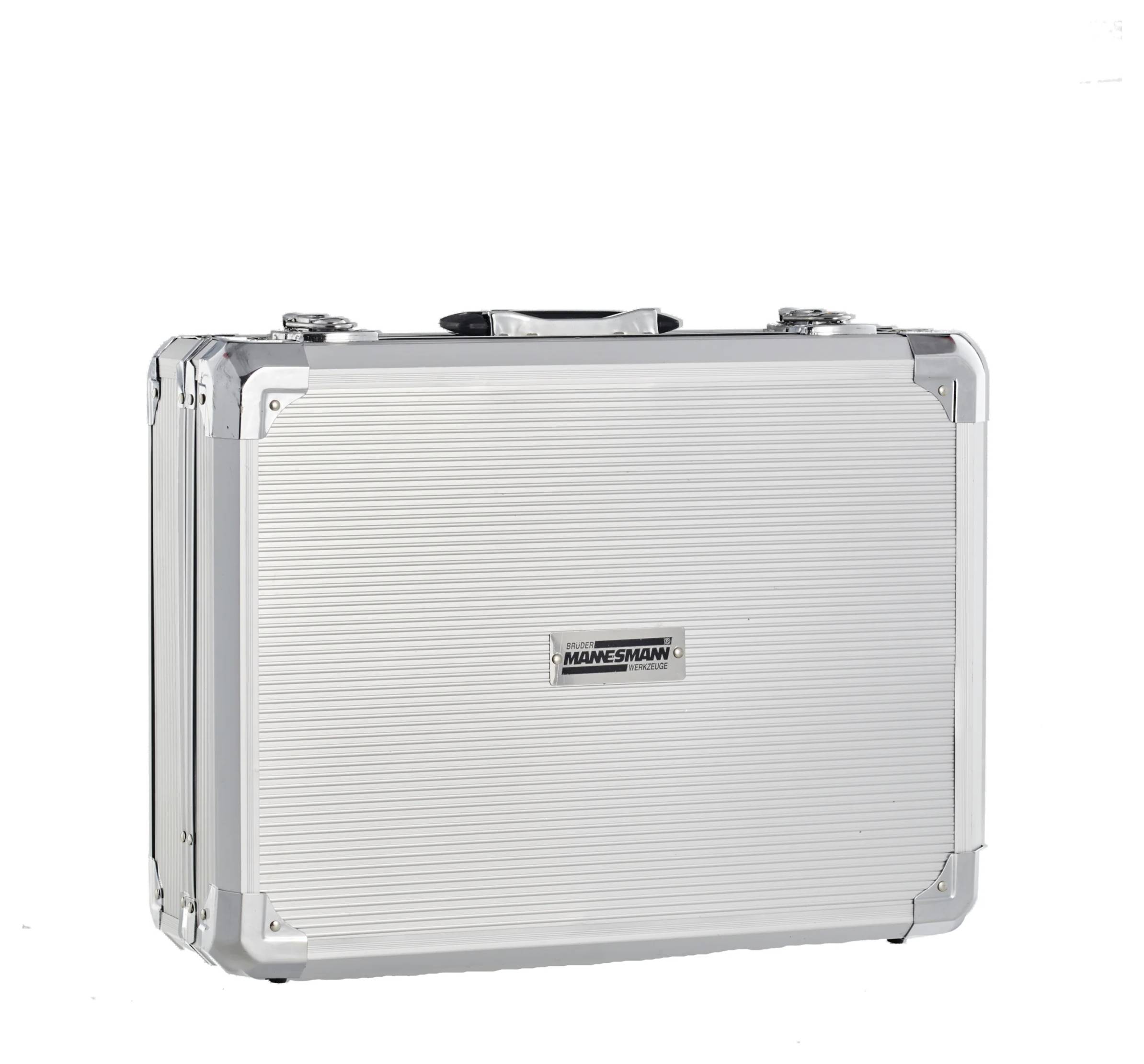 Silver, rectangular briefcase with textured surface and metal corners, featuring a black handle and the brand name 'Mannesmann' on the front.