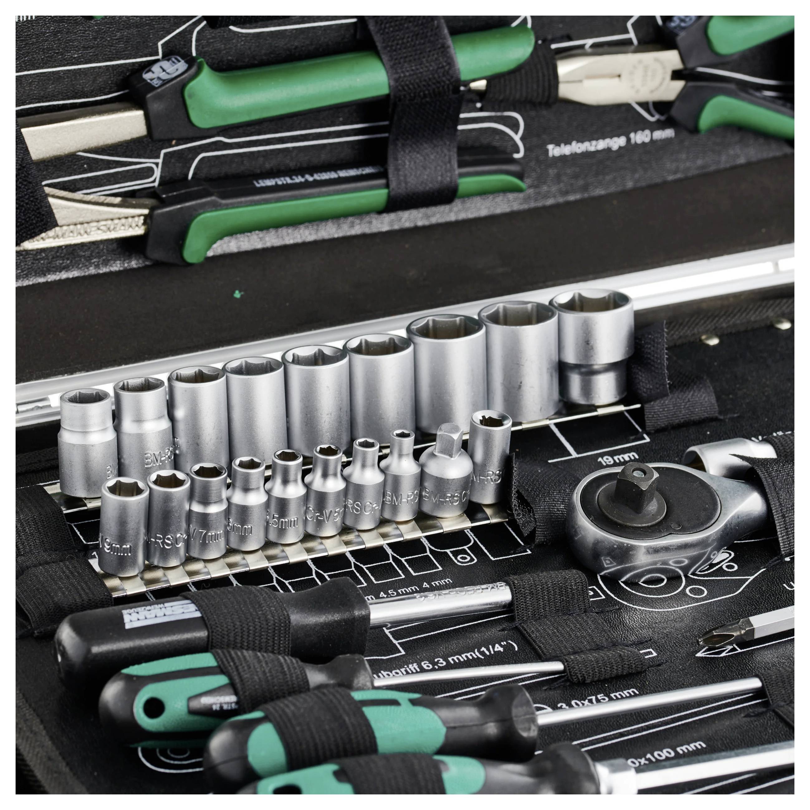 A complete set of socket wrenches and screwdrivers with green handles organized in a tool case, showcasing various sizes and components.