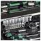 A complete set of socket wrenches and screwdrivers with green handles organized in a tool case, showcasing various sizes and components.