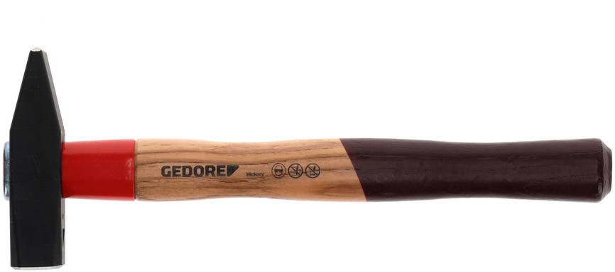 A carpenter's hammer with a wooden handle and black head. The handle is partially painted red. The 'GEDORE' brand is visible.