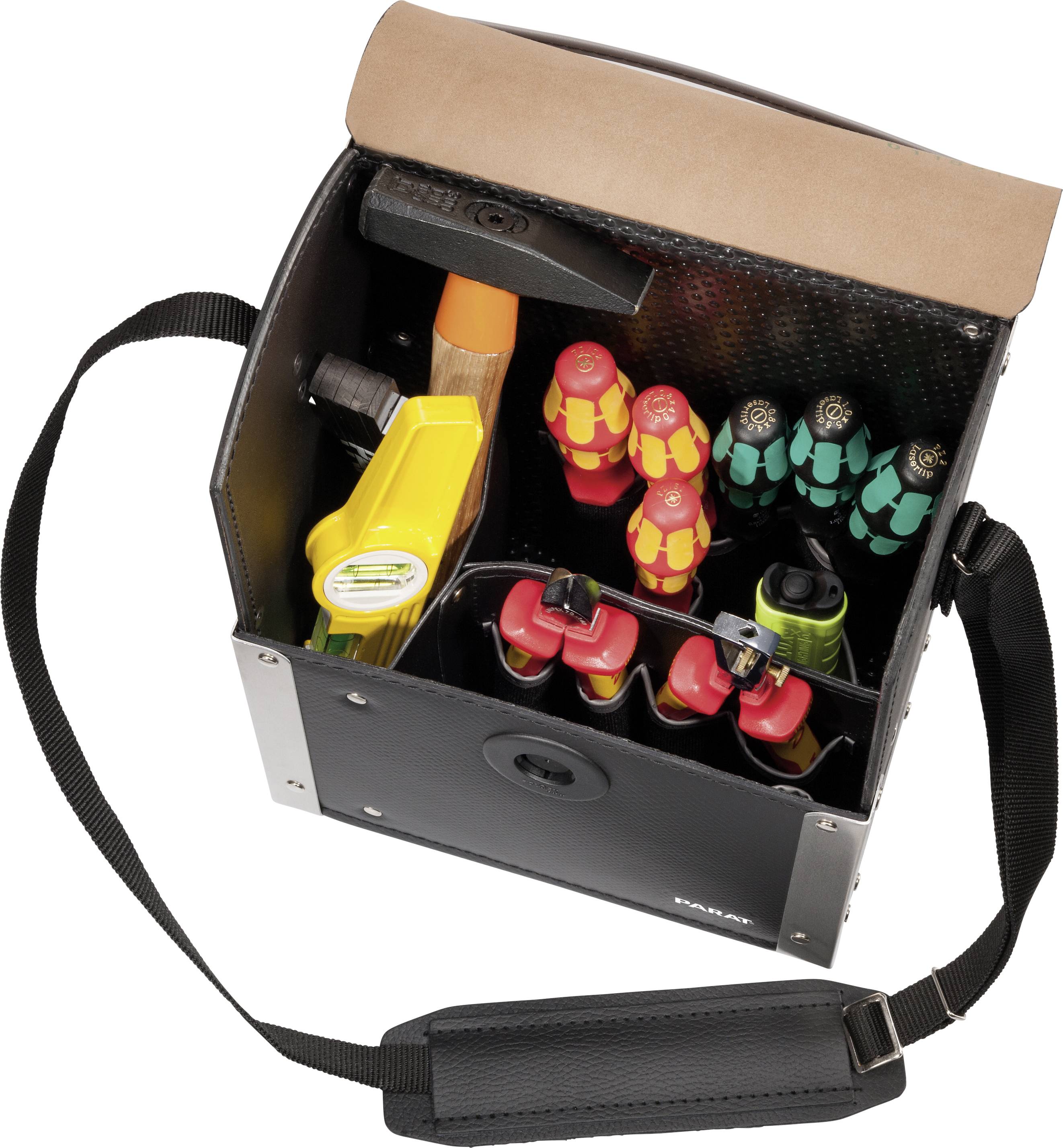 An open tool bag containing various screwdrivers, a flat-headed hammer, and other hand tools.