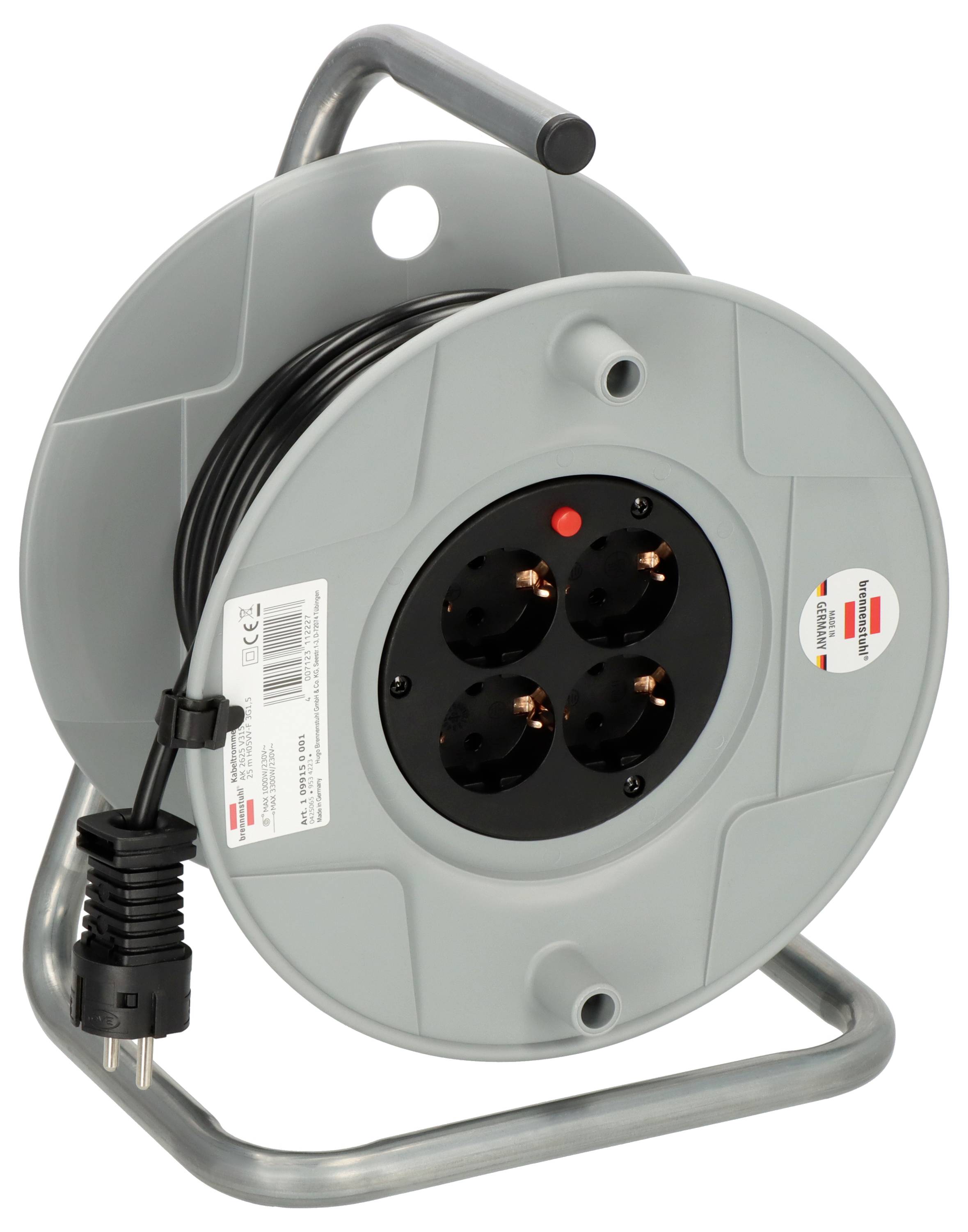 'Grey cable reel with three black plug sockets and a black power cable, mounted on a metal frame.'