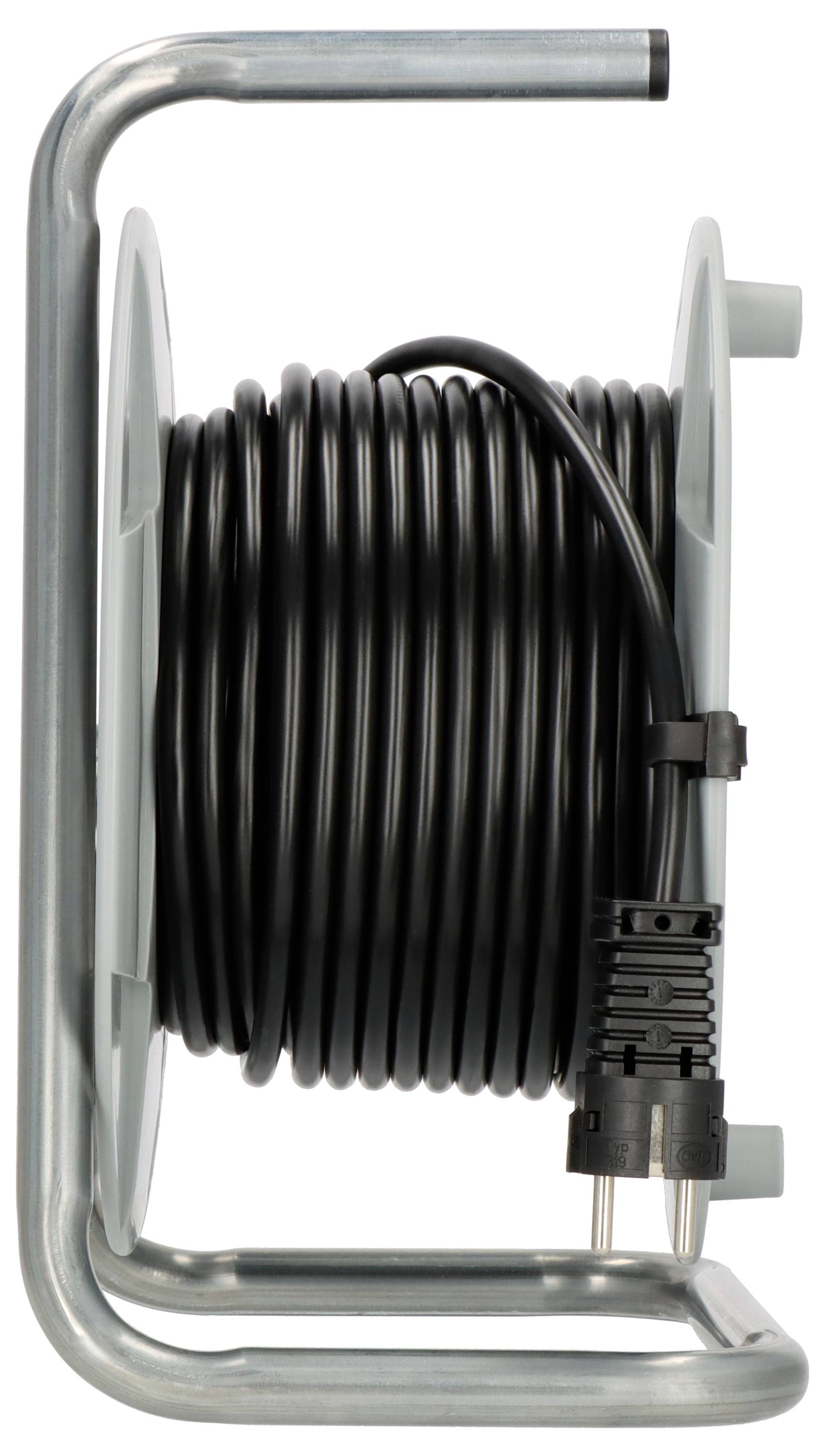 Black cable on a silver cable drum with two power sockets. Cable is neatly wound and ready for use.