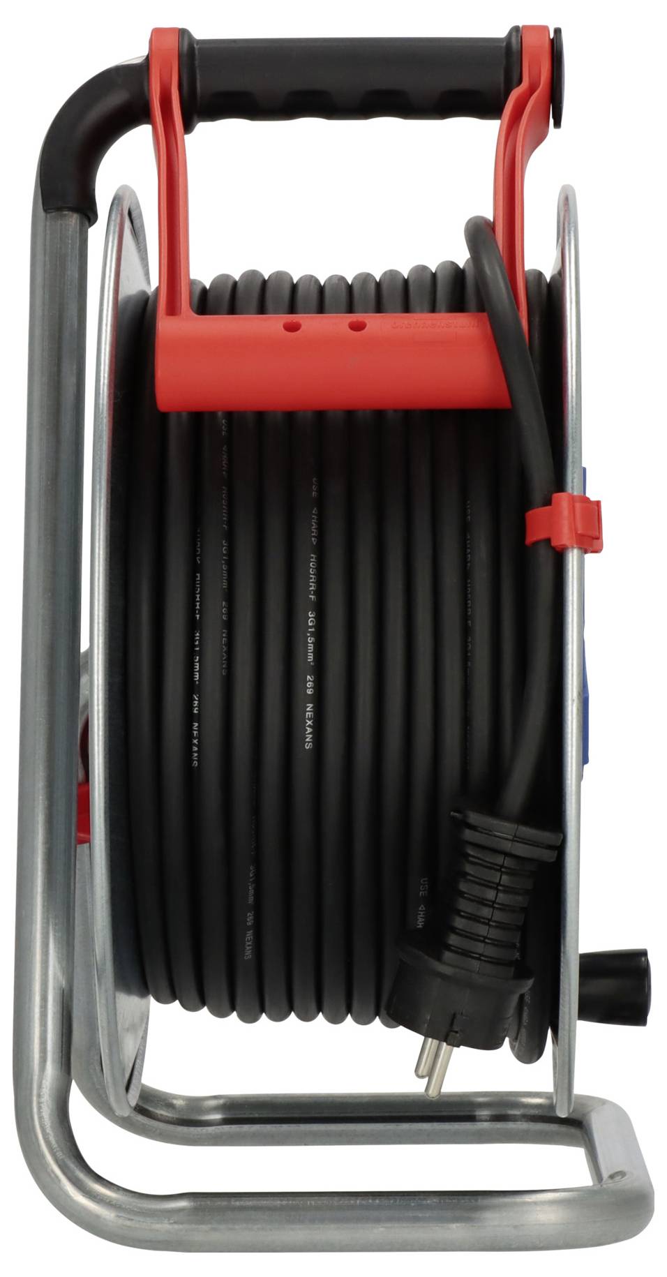 A red and black cable reel with a black handle, holding a coiled black power cable and plug, placed vertically on a metal stand.