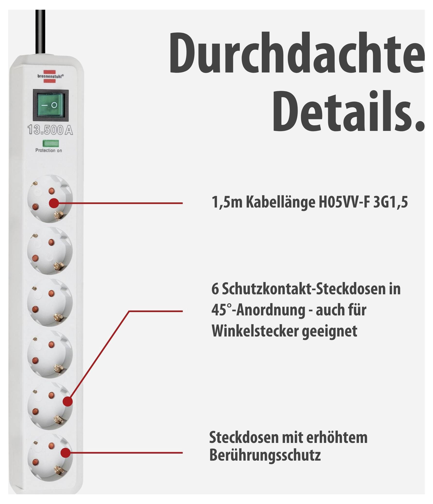 Promotional image of a white power strip with switch and 6 safety socket outlets; text highlights 1.5 m cable, 45° arrangement and enhanced contact protection.