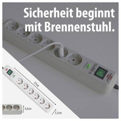 Advertisement for Brennenstuhl power strip with headline 'Safety begins with Brennenstuhl.', photo and dimensions 37 cm, 4.6 cm, 5.5 cm.