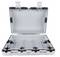 An open, empty gray plastic case with compartments, latches, and hinges, viewed from the front.