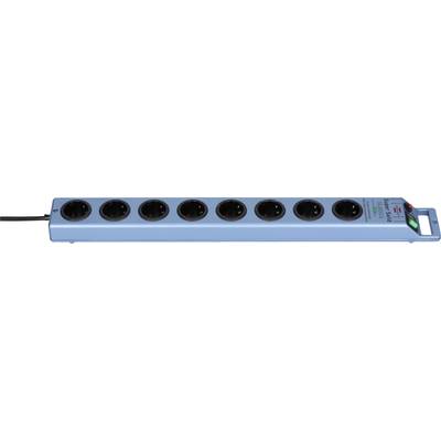 Blue power strip with multiple black outlets and a green on/off switch on the right end.