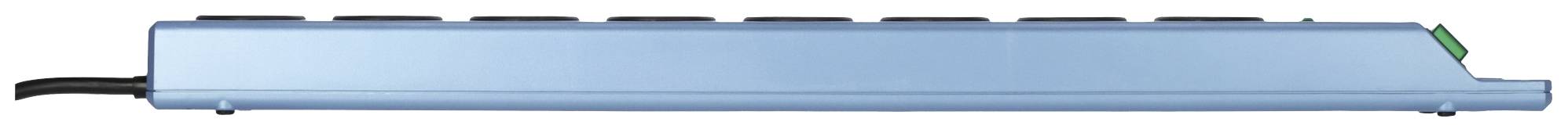 A horizontal blue switch panel with six black keys and a green button on the right. A black cable is visible on the left.