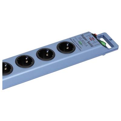 Blue power strip with five round electrical outlets and a green illuminated switch handle.