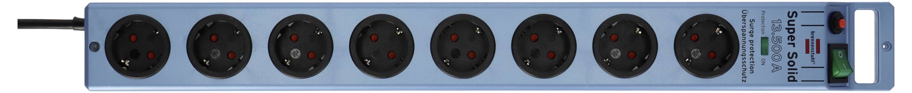 Blue power strip with eight black outlets and a red master switch on the right end.