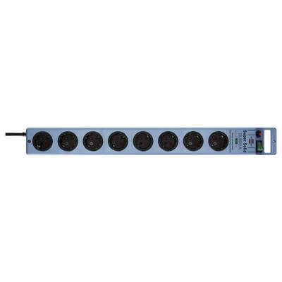 Blue power strip with eight black outlets and a red master switch on the right end.