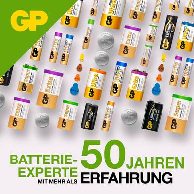 'Advertisement for GP batteries. 'Battery expert with over 50 years of experience' written in green and black text. Various batteries pictured.'