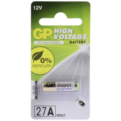 'GP Super 27A Alkaline Battery, 12V, High Voltage, Mercury-Free, for Specialised Devices.' Packaging with green design and battery.