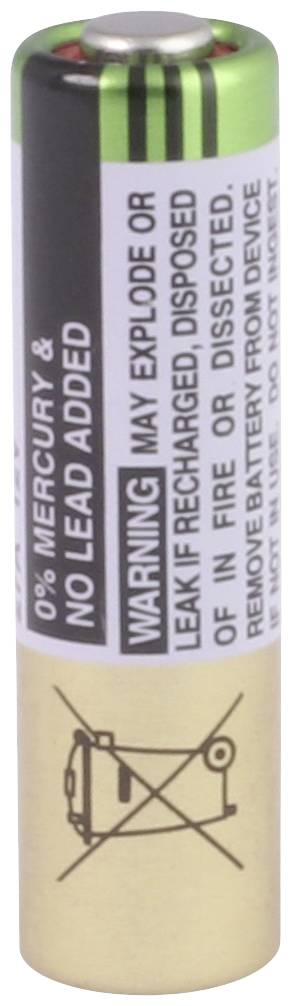 Alkaline Battery with Warning Labels: 'Do not dispose of in fire, may explode or leak'. Green and gold design.