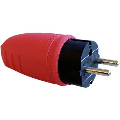 Red European plug adapter, plastic, two-pin, suitable for European sockets.