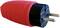 Red European plug adapter, plastic, two-pin, suitable for European sockets.