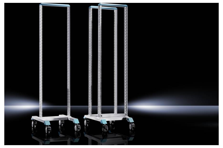 Two metal frames on wheels against a black background. They have vertical bars and blue-accented corners.