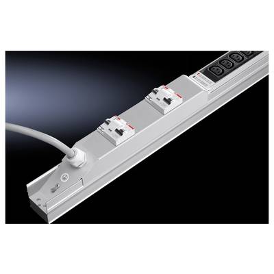 A long power strip with multiple switches and socket outlets. A cable is connected on the left, for power distribution.