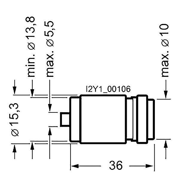 Technical drawing of a cylindrical object with dimensions: diameter ranges from 13.8 to 5.5, length is 36, and height is 15.3 to 10.