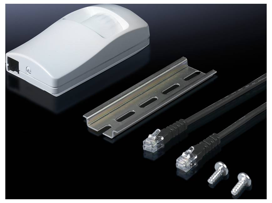 'IT component set with a white casing, a metal rail, two network cables and screws on a black background.'