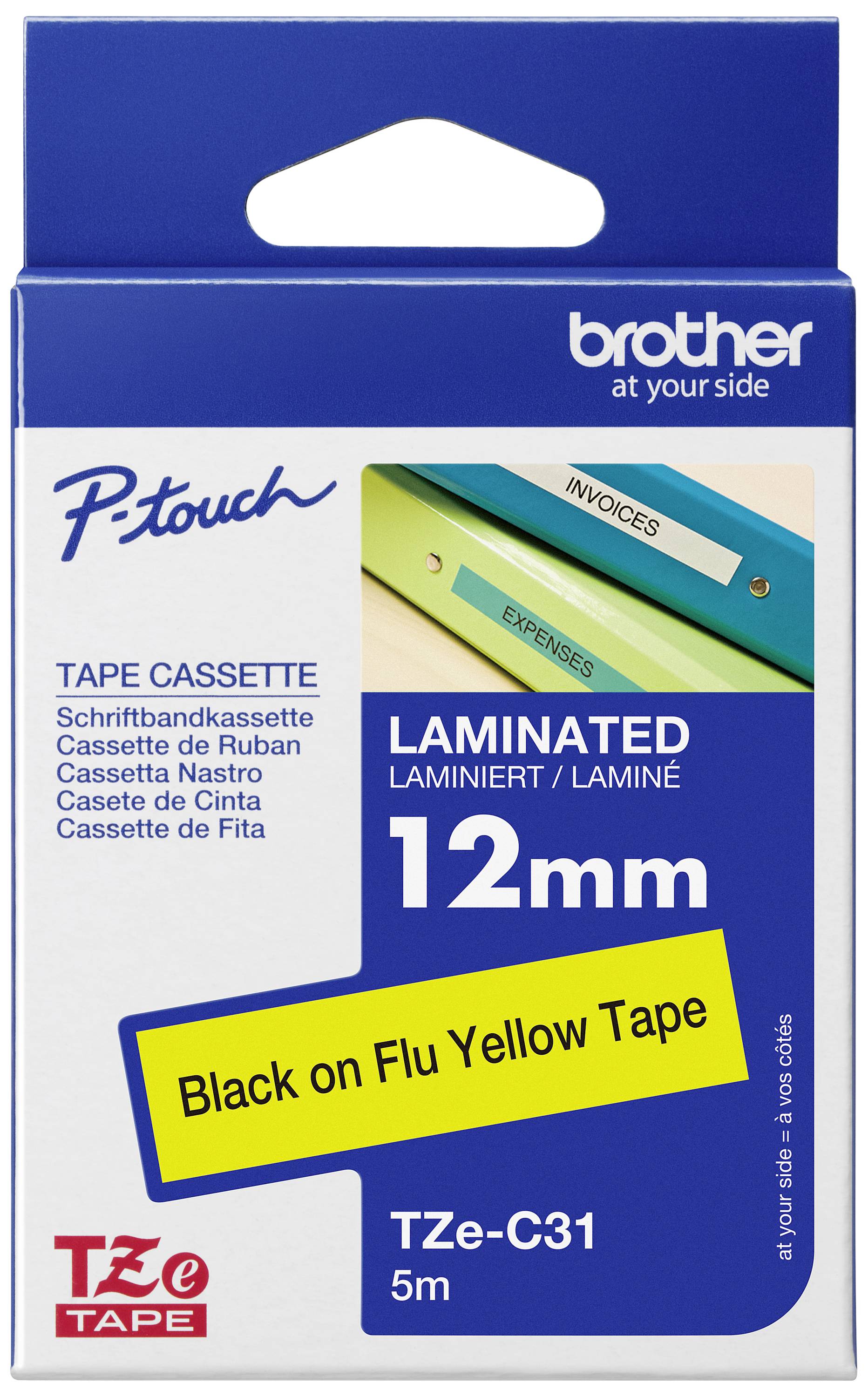 The packaging shows a Brother P-Touch label tape cassette. Text on the packaging: 'Black on Flu Yellow Tape', 12mm, 5m long.