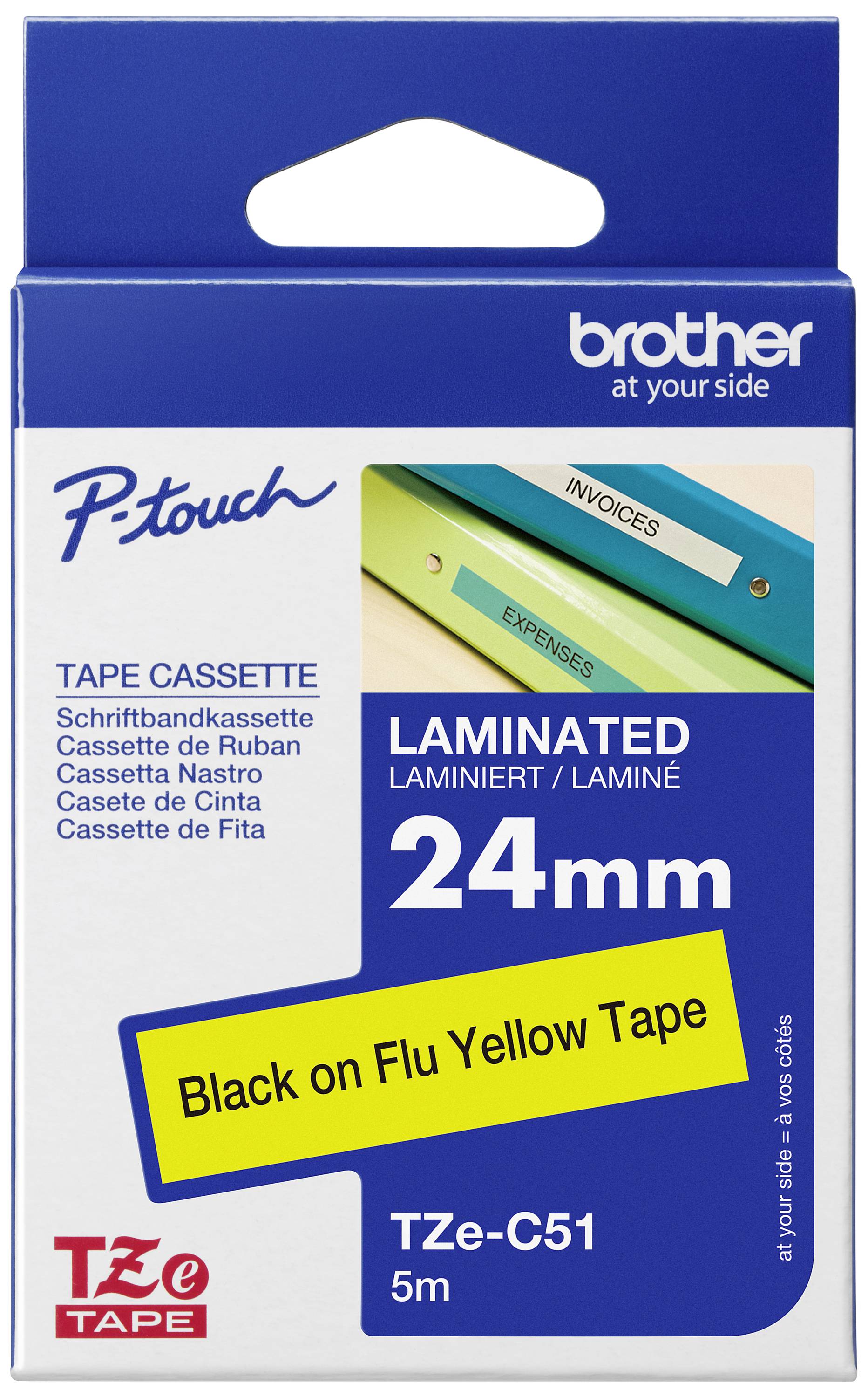 Packaging for a Brother P-Touch Cassette, 24 mm, yellow tape with black text, 5 m length. Two labelled folders are pictured.