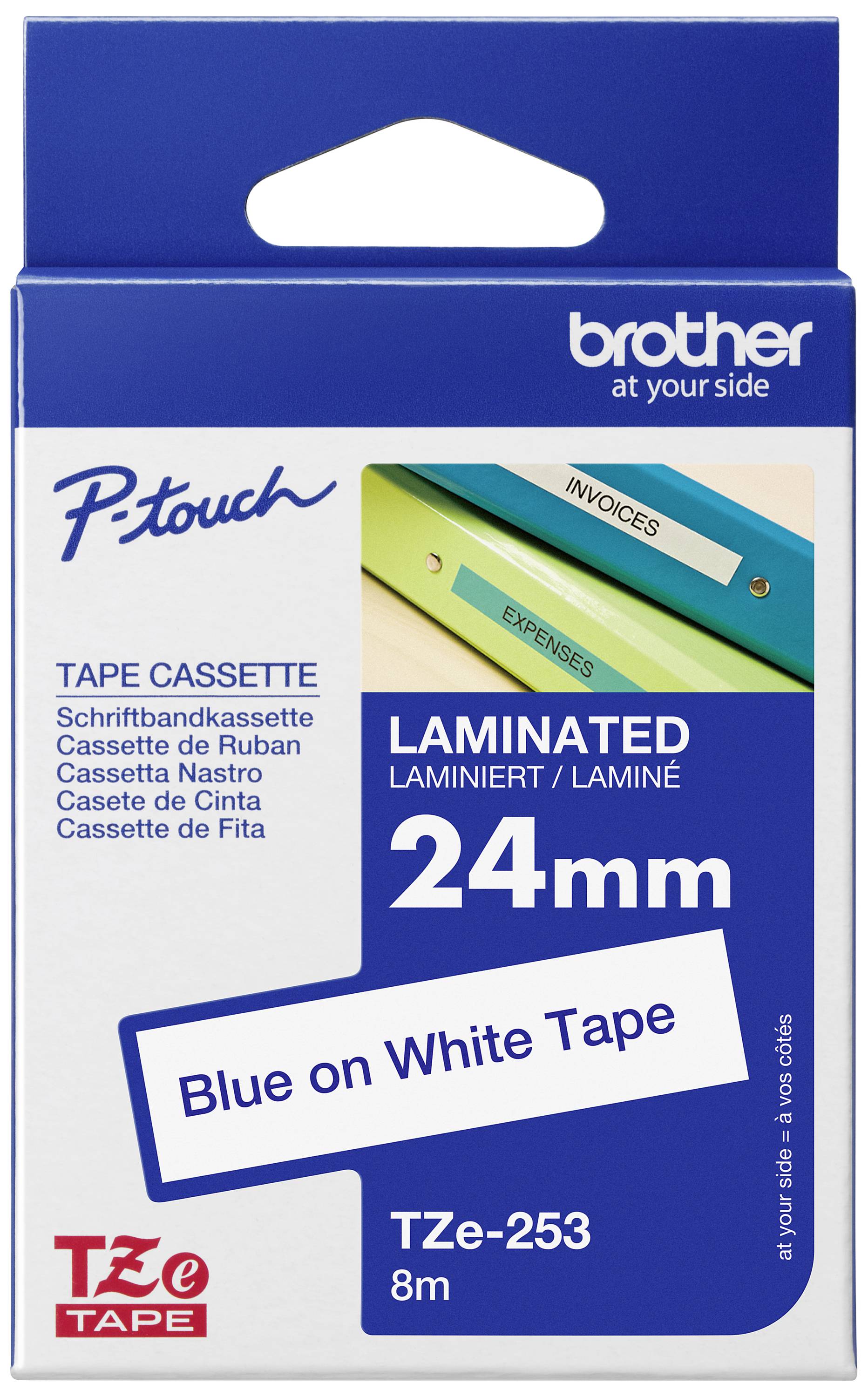 Packaging for a 24mm laminated label tape cassette by Brother. The cassette is blue with white text and 8 metres long.