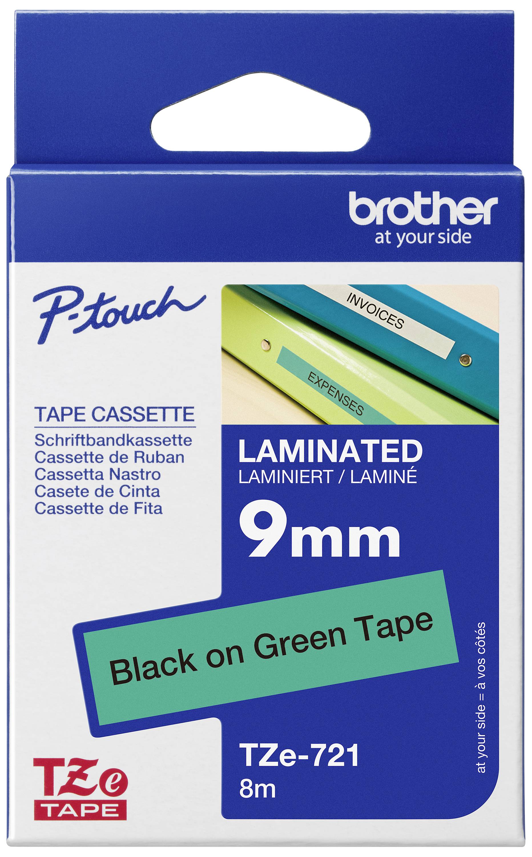 A pack of Brother P-Touch label tape cassette with 9 mm laminated tape in black on green, suitable for labelling devices.