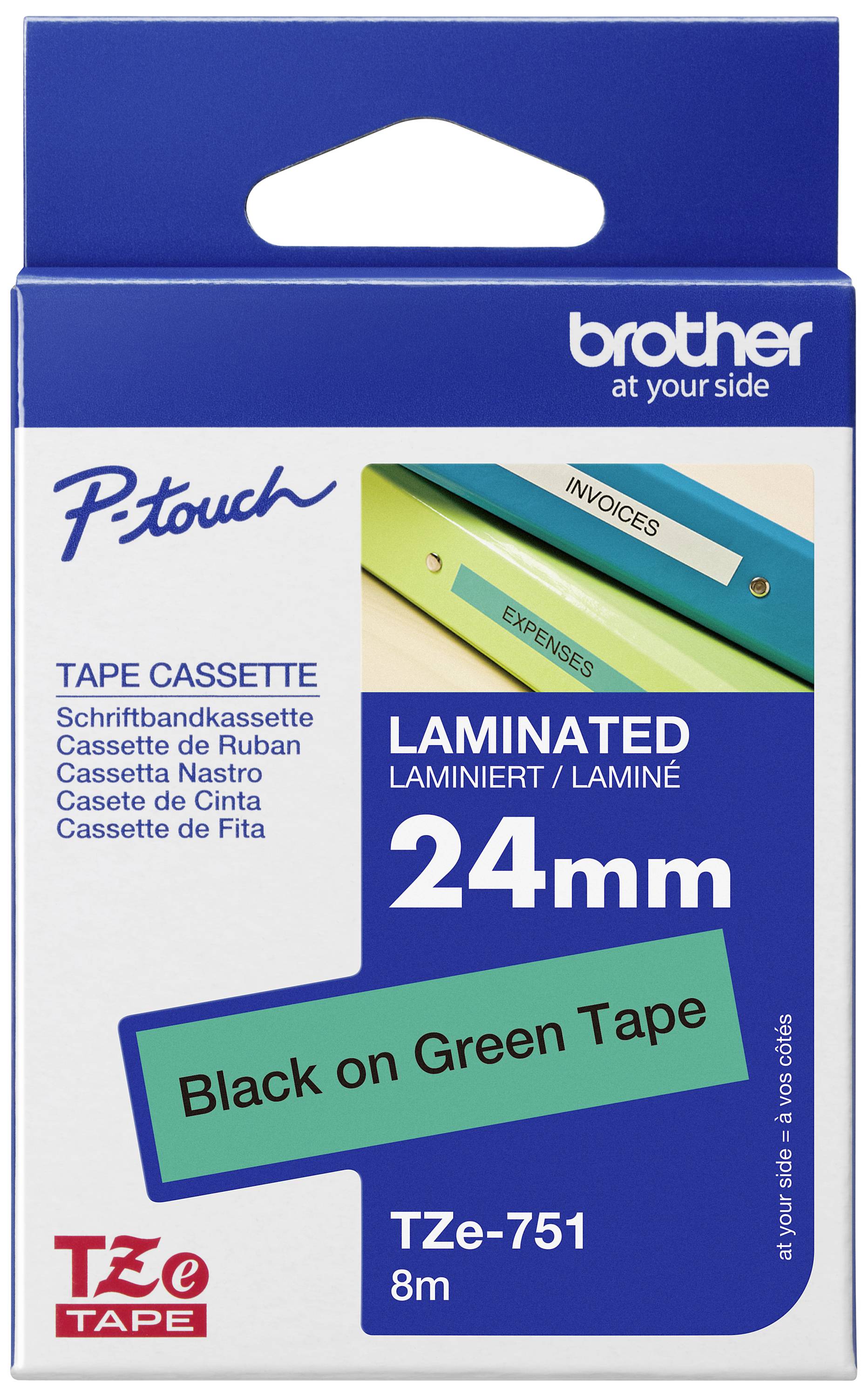 Brother P-touch TZe-751 labelling tape, laminated, 24 mm, 8 m length, black text on green tape, for labelling machines.