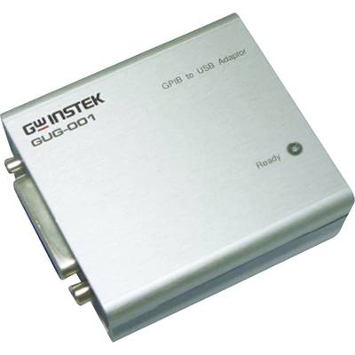 A 'GW Instek GUG-001' adapter for GPIB to USB connections, rectangular and metallic with side connection and 'Ready' indicator.