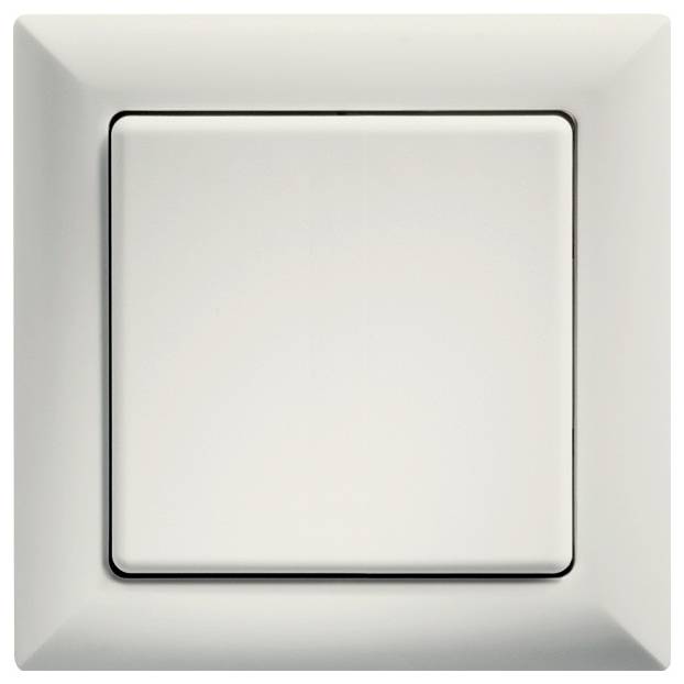 A white square electrical light switch with a simple, modern design, shown in the 'off' position against a plain background.