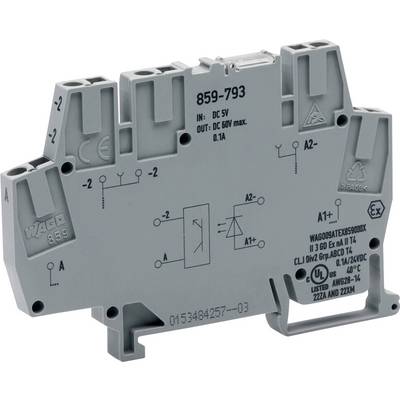 'WAGO 859-793' electronic component, labeled with connection diagrams and specifications. Gray, compact design for electrical circuits.
