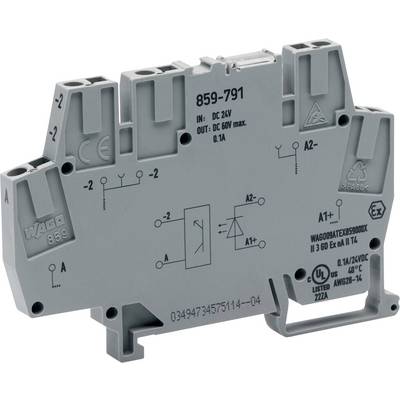 'A gray electronic relay module with technical specifications, including input/output voltage, current rating, and certification logos.'