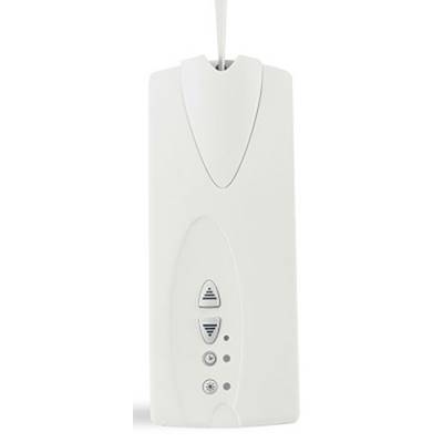 White electric curtain remote control switch with buttons to control direction and additional function switch.