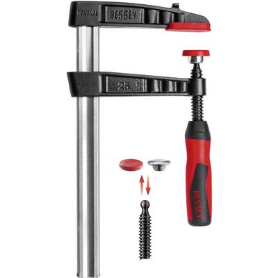 Metal clamp with red and black handle, replacement parts shown alongside.