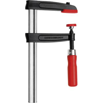 An adjustable G-clamp with a red handle and silver steel bar, used for securing workpieces during machining.
