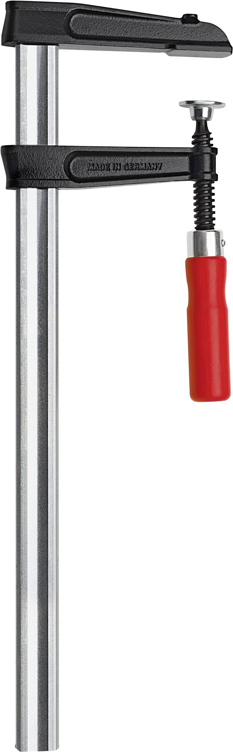 A G-clamp with a silver metal bar and a red handle, used for securing workpieces in woodworking.
