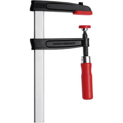 A G-clamp with a red handle and black frame. 'MADE IN GERMANY' is printed on the frame.