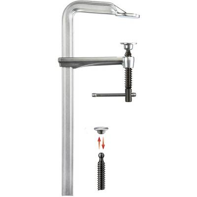 Metal clamp with screw mechanism and red arrow indicating the screw direction. Tool for securing materials.