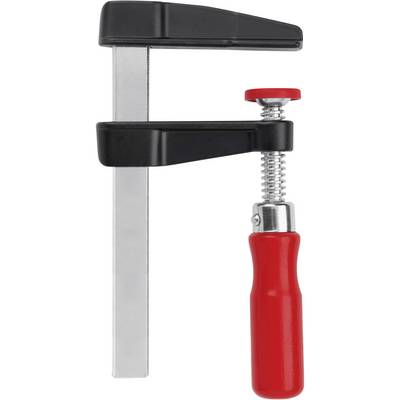 'F-clamp with red wooden handle and black plastic protection. Ideal for securing workpieces during craft work.'