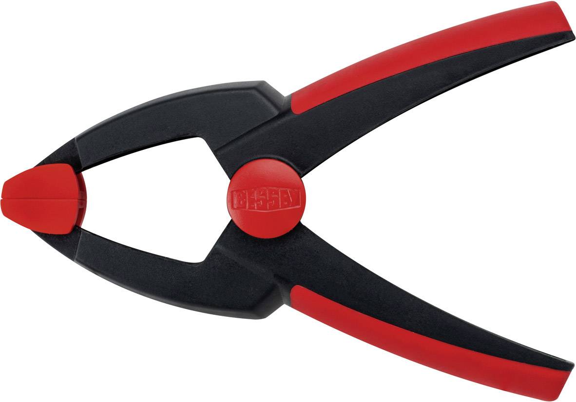 Black and red plastic G-clamp with a red turning knob in the centre, suitable for holding and securing workpieces.